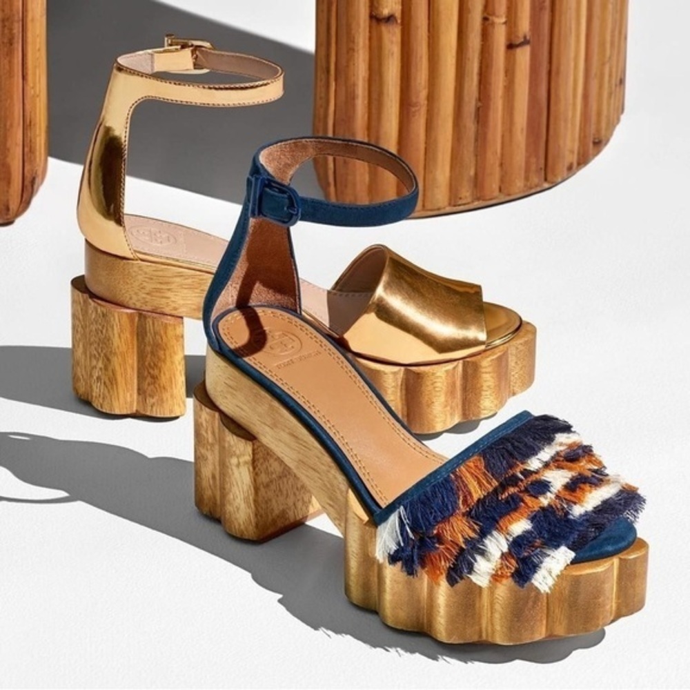 Tory Burch Alma Platform Sandals Heels Size 7 Fringe Suede Wooden Block Heel